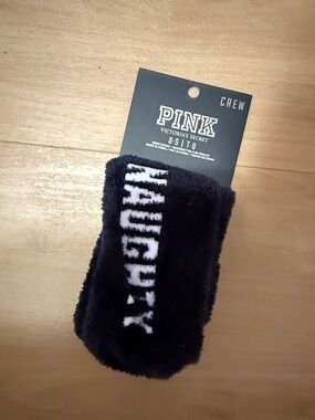 PINK Victoria's Secret Black Fuzzy Crew Socks with White Logo